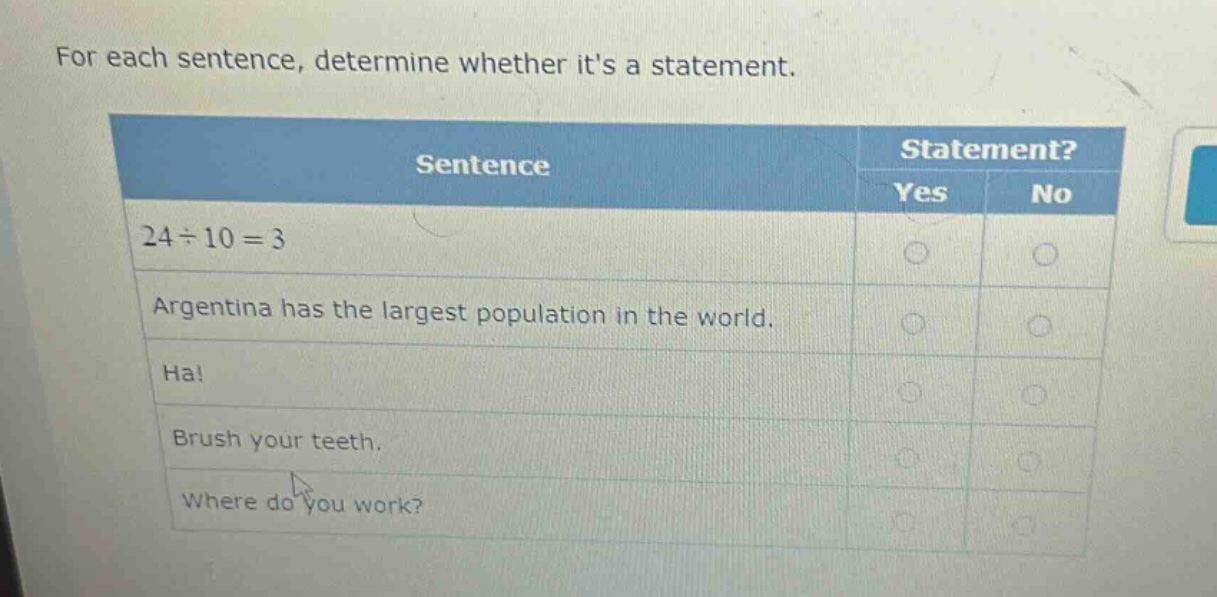 for each sentence, determine whether its a statement. sentence statement? yes no 24÷10 = 3 argentina has the largest population in the world. ha! brush your teeth. where do you work?