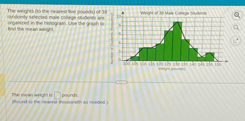 the weights (to the nearest five pounds) of 38 randomly selected male college students are organized in the histogram. use the graph to find the mean weight. the mean weight is pounds. (round to the nearest thousandth as needed.)