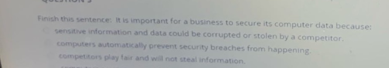 finish this sentence: it is important for a business to secure its computer data because: sensitive information and data could be corrupted or stolen by a competitor. computers automatically prevent security breaches from happening. competitors play fair and will not steal information.
