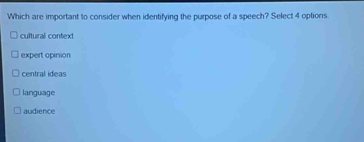 which are important to consider when identifying the purpose of a speech? select 4 options. cultural context expert opinion central ideas language audience