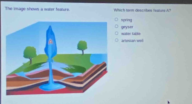 the image shows a water feature. which term describes feature a? spring geyser water table artesian well