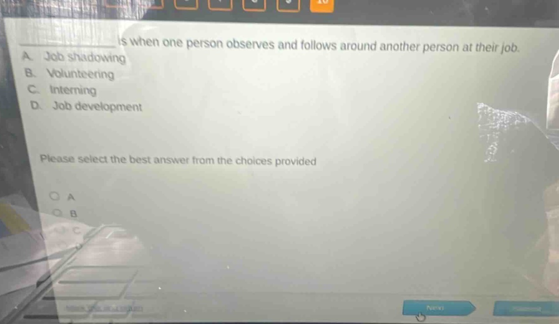 is when one person observes and follows around another person at their job. a job shadowing b volunteering c interning d job development please select the best answer from the choices provided