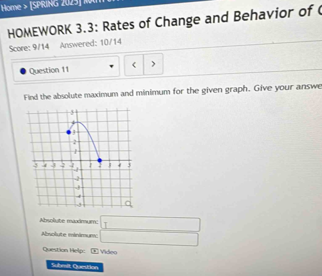 home > spring 2025 math 101\nhomework 3.3: rates of change and behavior of c\nscore: 9/14 answered: 10/14\nquestion 11\nfind the absolute maximum and minimum for the given graph. give your answe\nabsolute maximum:\nabsolute minimum:\nquestion help: video\nsubmit question