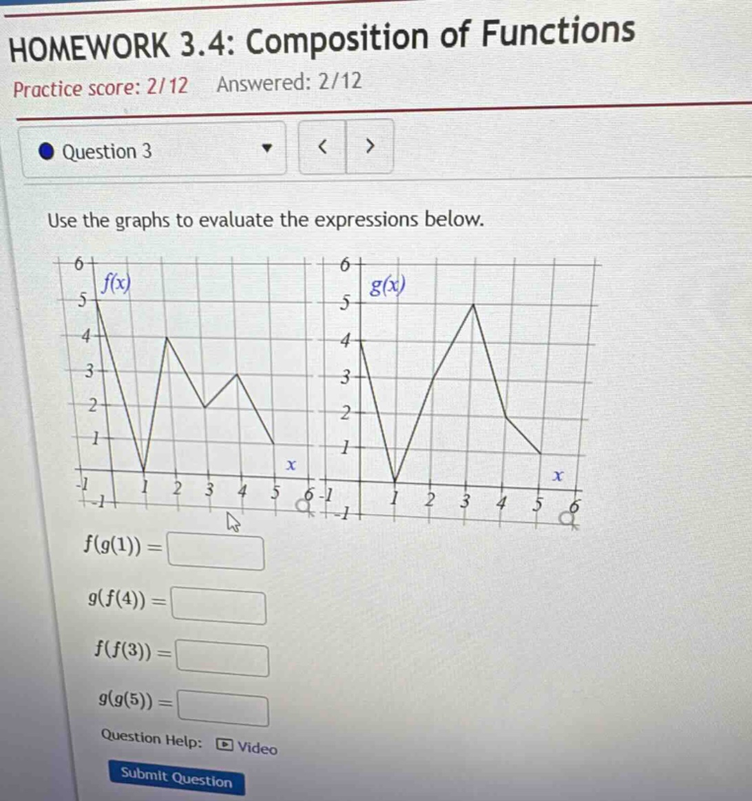 homework 3.4: composition of functions\npractice score: 2/12 answered: 2/12\nquestion 3\nuse the graphs to evaluate the expressions below.\n\nf(g(1))=\ng(f(4))=\nf(f(3))=\ng(g(5))=\nquestion help: video\nsubmit question