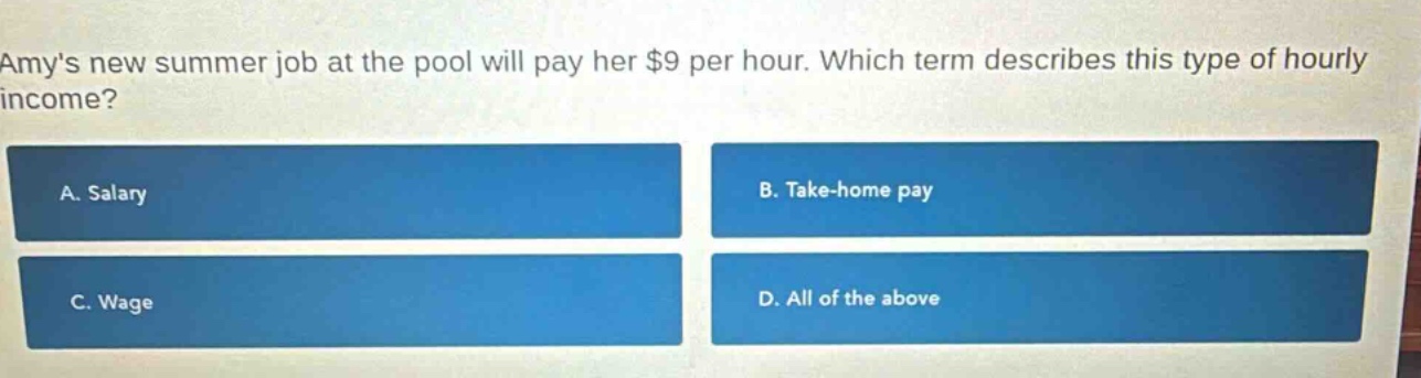 amys new summer job at the pool will pay her $9 per hour. which term describes this type of hourly income? a. salary b. take - home pay c. wage d. all of the above