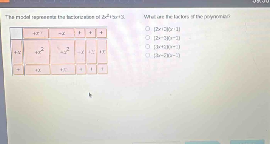 the model represents the factorization of 2x²+5x+3. what are the factors of the polynomial? (2x+3)(x+1) (2x - 3)(x - 1) (3x+2)(x+1) (3x - 2)(x - 1)