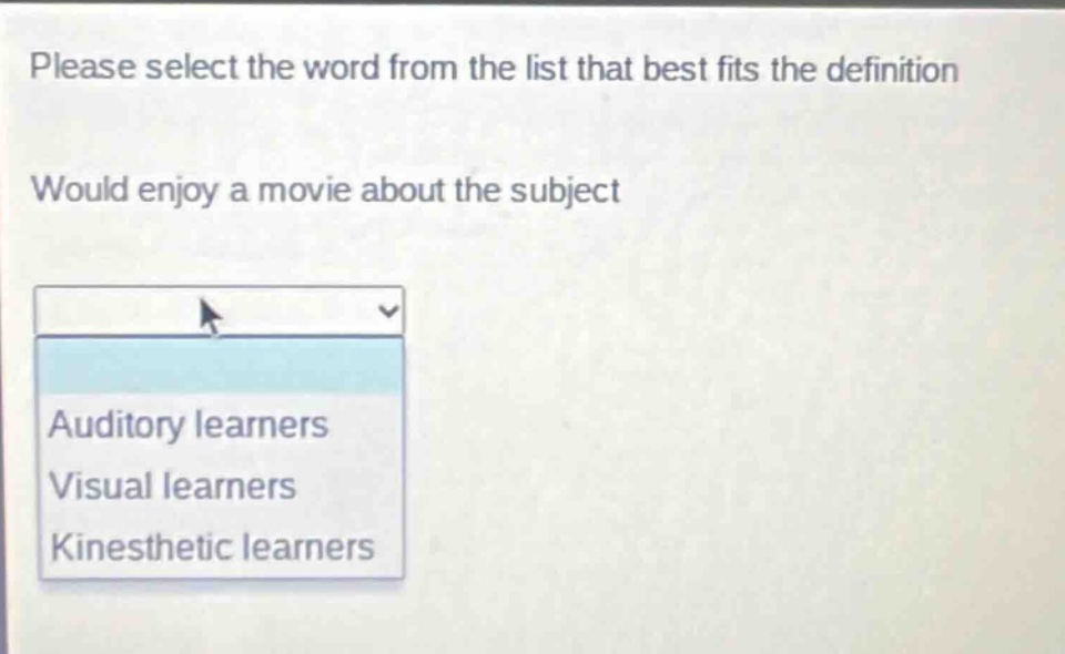 please select the word from the list that best fits the definition\nwould enjoy a movie about the subject\nauditory learners\nvisual learners\nkinesthetic learners