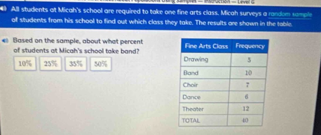 all students at micahs school are required to take one fine arts class. micah surveys a random sample of students from his school to find out which class they take. the results are shown in the table. based on the sample, about what percent of students at micahs school take band? 10% 25% 35% 50% fine arts class frequency drawing 5 band 10 choir 7 dance 6 theater 12 total 40