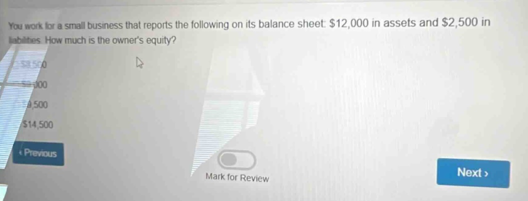 you work for a small business that reports the following on its balance sheet: $12,000 in assets and $2,500 in liabilities. how much is the owners equity?