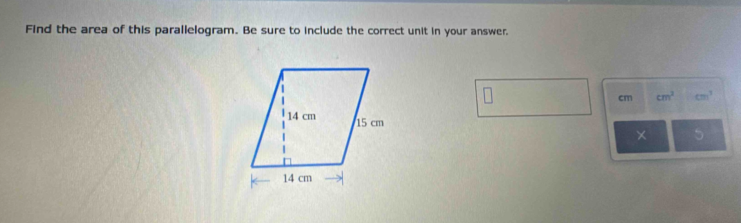 find the area of this parallelogram. be sure to include the correct unit in your answer.