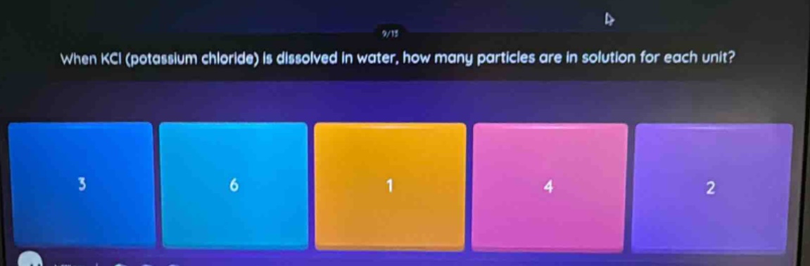 when kcl (potassium chloride) is dissolved in water, how many particles are in solution for each unit?
