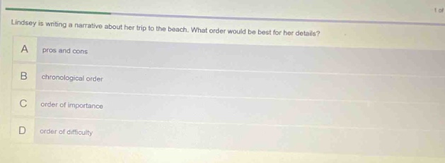 lindsey is writing a narrative about her trip to the beach. what order would be best for her details? a pros and cons b chronological order c order of importance d order of difficulty