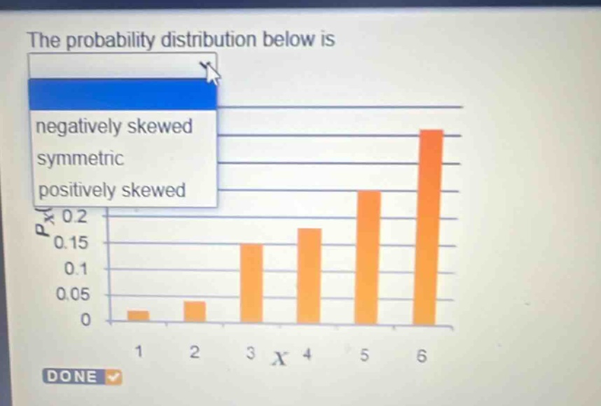 the probability distribution below is negatively skewed symmetric positively skewed 0.2 0.15 0.1 0.05 0 1 2 3 x 4 5 6 done