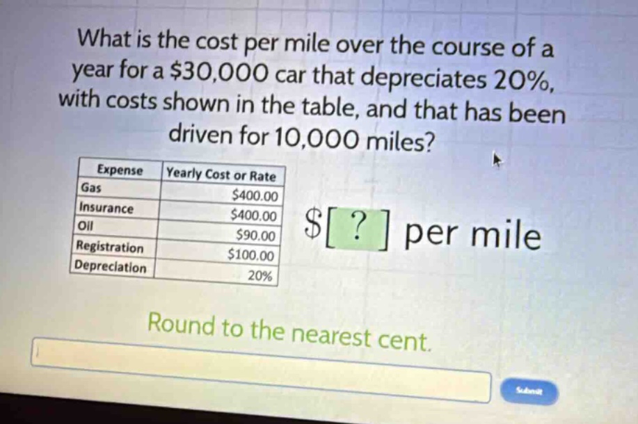 what is the cost per mile over the course of a year for a $30,000 car that depreciates 20%, with costs shown in the table, and that has been driven for 10,000 miles? expense yearly cost or rate gas $400.00 insurance $400.00 oil $90.00 registration $100.00 depreciation 20% $? per mile round to the nearest cent.