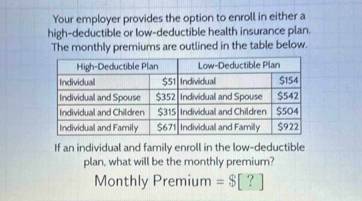 your employer provides the option to enroll in either a high - deductible or low - deductible health insurance plan. the monthly premiums are outlined in the table below.\n| high - deductible plan | low - deductible plan |\n| ---- | ---- |\n| individual | $51 | individual | $154 |\n| individual and spouse | $352 | individual and spouse | $542 |\n| individual and children | $315 | individual and children | $504 |\n| individual and family | $671 | individual and family | $922 |\nif an individual and family enroll in the low - deductible plan, what will be the monthly premium?\nmonthly premium = $?