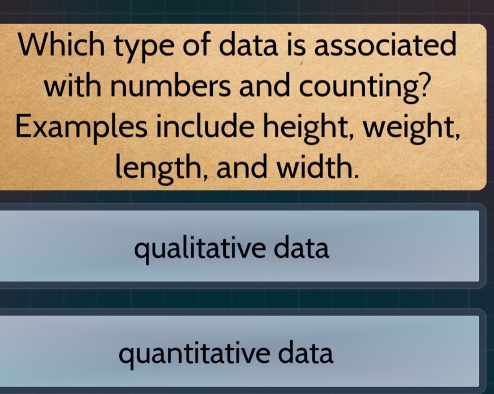 which type of data is associated with numbers and counting? examples include height, weight, length, and width. qualitative data quantitative data