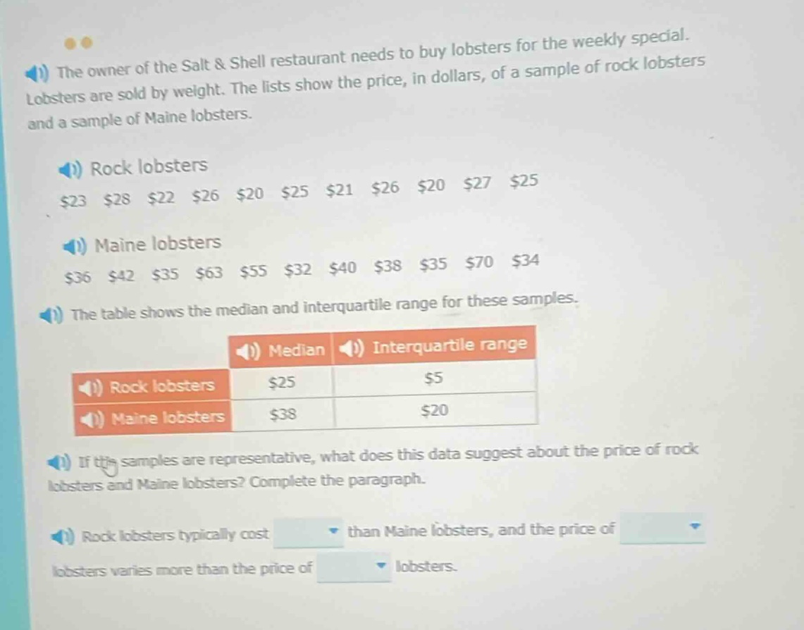 the owner of the salt & shell restaurant needs to buy lobsters for the weekly special. lobsters are sold by weight. the lists show the price, in dollars, of a sample of rock lobsters and a sample of maine lobsters. rock lobsters $23 $28 $22 $26 $20 $25 $21 $26 $20 $27 $25 maine lobsters $36 $42 $35 $63 $55 $32 $40 $38 $35 $70 $34 the table shows the median and interquartile range for these samples. median interquartile range rock lobsters $25 $5 maine lobsters $38 $20 if the samples are representative, what does this data suggest about the price of rock lobsters and maine lobsters? complete the paragraph. rock lobsters typically cost than maine lobsters, and the price of lobsters varies more than the price of lobsters.