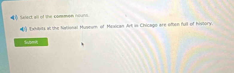 select all of the common nouns. exhibits at the national museum of mexican art in chicago are often full of history.