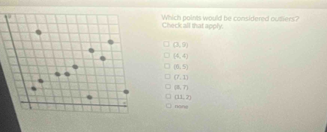 which points would be considered outliers? check all that apply. (3,9) (4,4) (6,5) (7,1) (8,7) (11,2) none