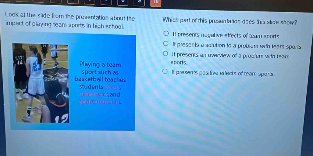 look at the slide from the presentation about the impact of playing team sports in high school. which part of this presentation does this slide show? it presents negative effects of team sports. it presents a solution to a problem with team sports. it presents an overview of a problem with team sports. it presents positive effects of team sports. playing a team sport such as basketball teaches students focus, teamwork, and sportsmanship.