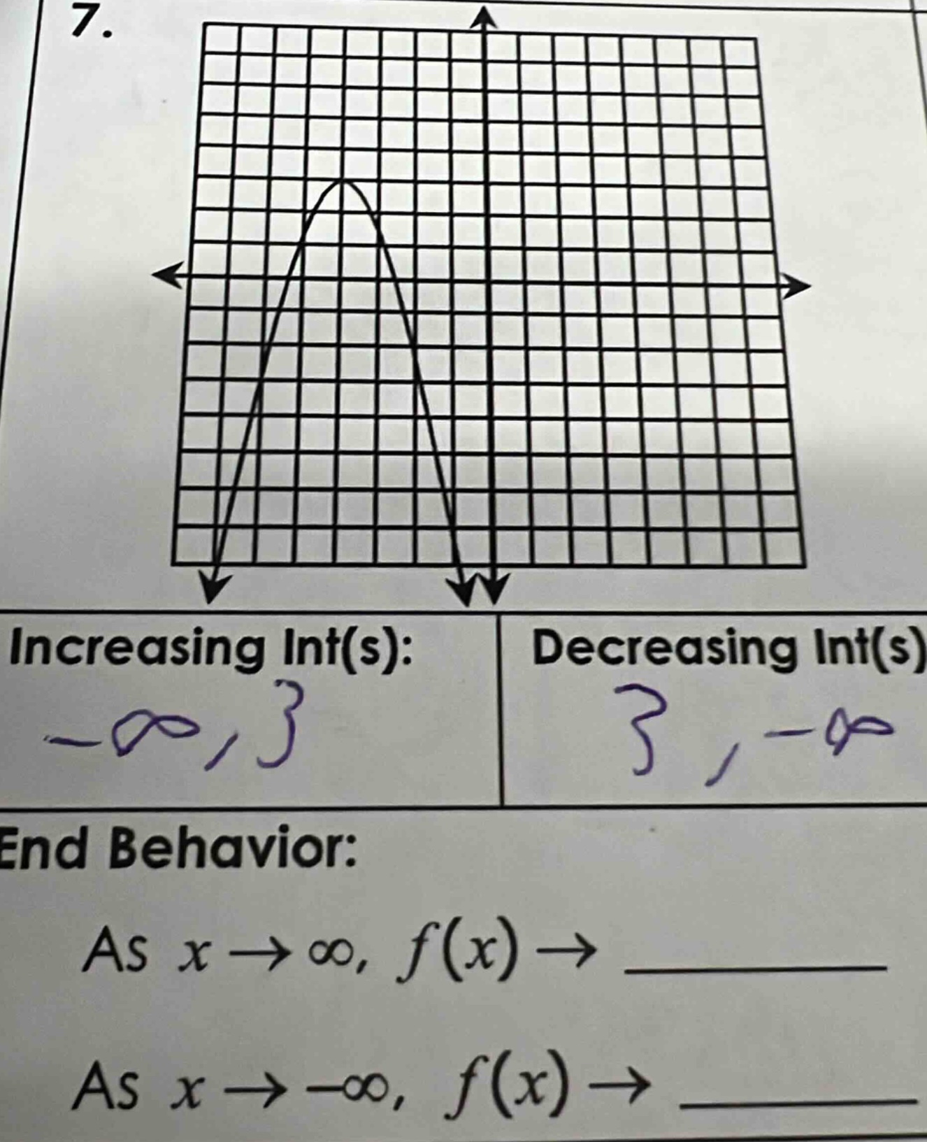 7. increasing int(s): decreasing int(s) end behavior: as x→∞, f(x)→ ________ as x→−∞, f(x)→ ________
