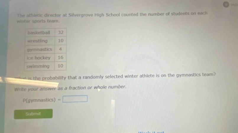 the athletic director at silvergrove high school counted the number of students on each winter sports team. basketball 32 wrestling 10 gymnastics 4 ice hockey 16 swimming 10 what is the probability that a randomly selected winter athlete is on the gymnastics team? write your answer as a fraction or whole number. p(gymnastics) =