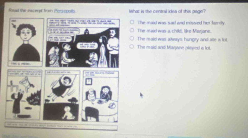 read the excerpt from persepolis. what is the central idea of this page? the maid was sad and missed her family. the maid was a child, like marjane. the maid was always hungry and ate a lot. the maid and marjane played a lot.