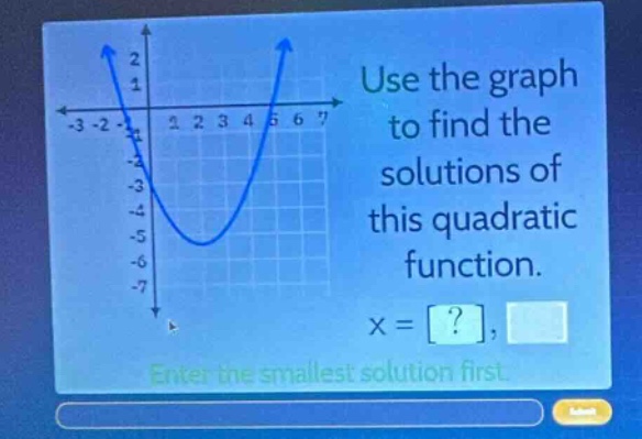 use the graph to find the solutions of this quadratic function. x = ?, enter the smallest solution first.