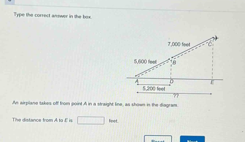 type the correct answer in the box. an airplane takes off from point a in a straight line, as shown in the diagram. the distance from a to e is feet.