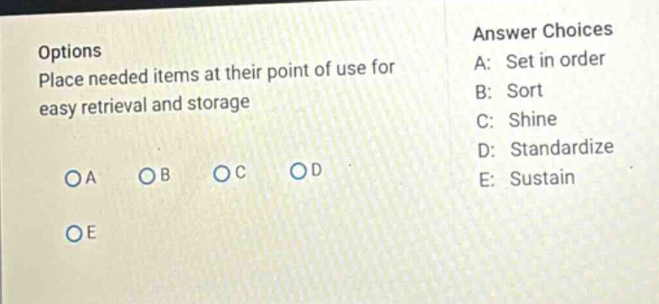 options place needed items at their point of use for easy retrieval and storage answer choices a: set in order b: sort c: shine d: standardize e: sustain