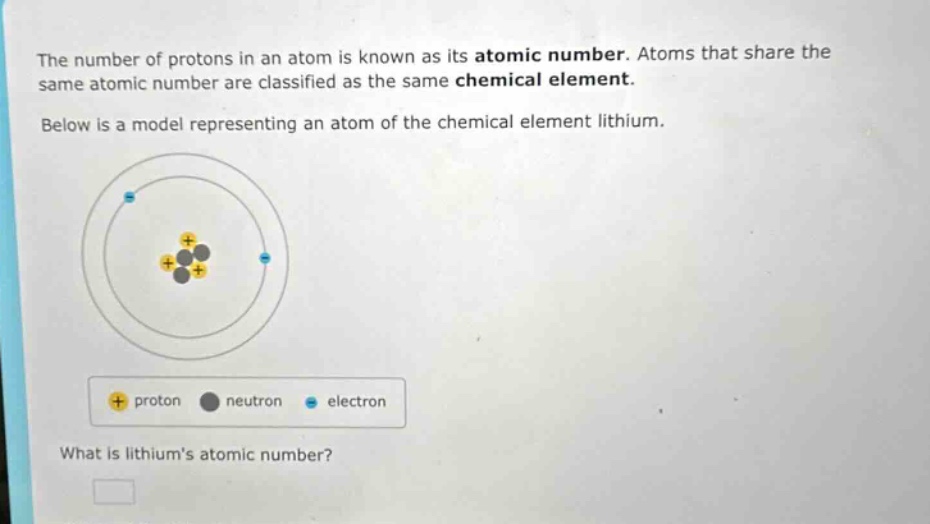 the number of protons in an atom is known as its atomic number. atoms that share the same atomic number are classified as the same chemical element. below is a model representing an atom of the chemical element lithium. what is lithiums atomic number?