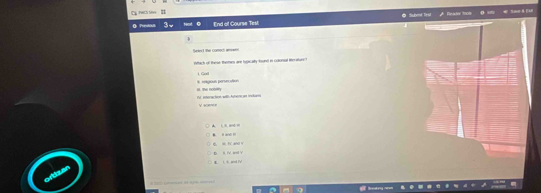 select the correct answer. which of these themes are typically found in colonial literature? i. god ii. religious persecution iii. the nobility iv. interaction with american indians v. science a. i, ii, and iii b. ii and iii c. iii, iv, and v d. ii, iv, and v e. i, ii, and iv