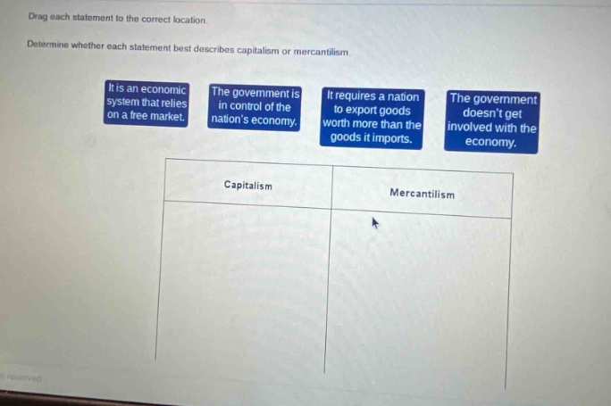 drag each statement to the correct location. determine whether each statement best describes capitalism or mercantilism. it is an economic system that relies on a free market. the government is in control of the nations economy. it requires a nation to export goods worth more than the goods it imports. the government doesnt get involved with the economy. capitalism mercantilism