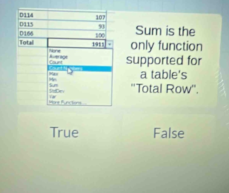 sum is the only function supported for a tables \total row\. true false