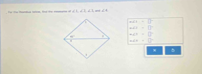 for the rhombus below, find the measures of ∠1, ∠2, ∠3, and ∠4.