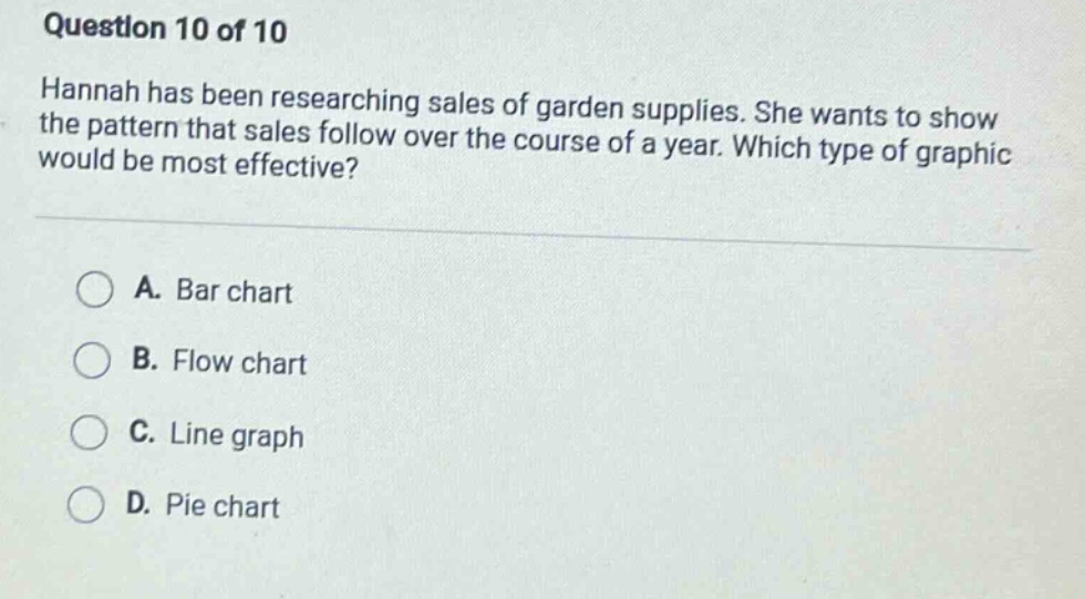 question 10 of 10 hannah has been researching sales of garden supplies. she wants to show the pattern that sales follow over the course of a year. which type of graphic would be most effective? a. bar chart b. flow chart c. line graph d. pie chart