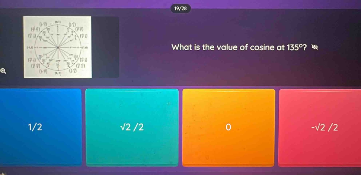 what is the value of cosine at 135°? 1/2 √2 /2 0 -√2 /2