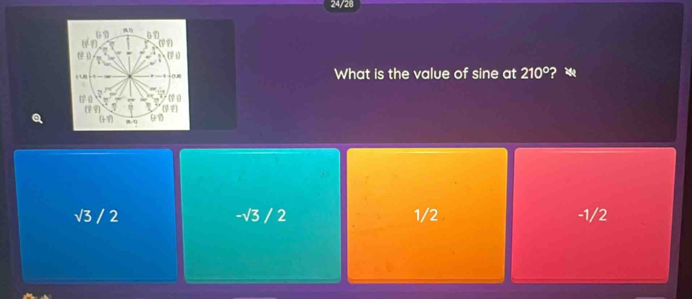 what is the value of sine at 210°? √3 / 2 -√3 / 2 1/2 -1/2