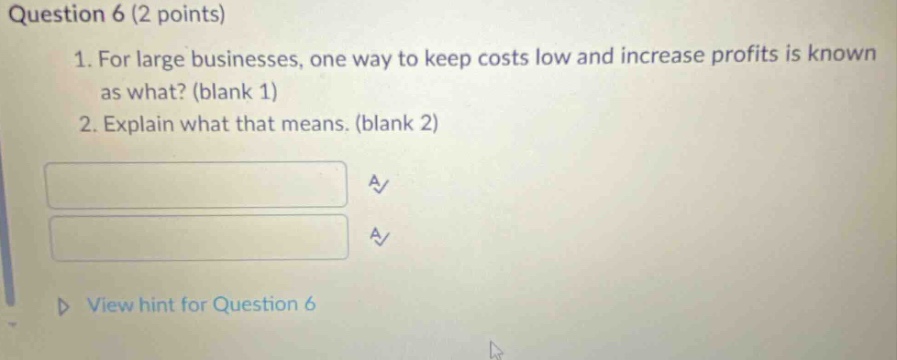 question 6 (2 points) 1. for large businesses, one way to keep costs low and increase profits is known as what? (blank 1) 2. explain what that means. (blank 2) view hint for question 6