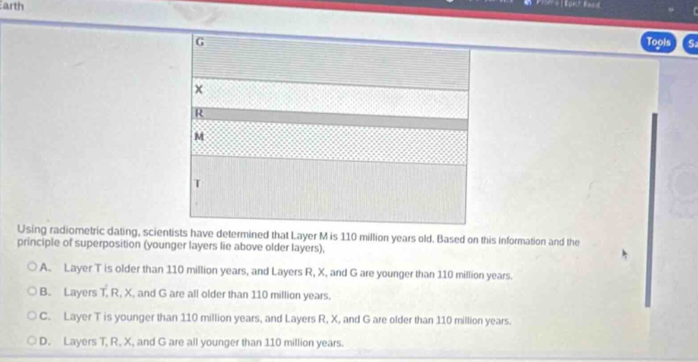 using radiometric dating, scientists have determined that layer m is 110 million years old. based on this information and the principle of superposition (younger layers lie above older layers),\na. layer t is older than 110 million years, and layers r, x, and g are younger than 110 million years.\nb. layers t, r, x, and g are all older than 110 million years.\nc. layer t is younger than 110 million years, and layers r, x, and g are older than 110 million years.\nd. layers t, r, x, and g are all younger than 110 million years.