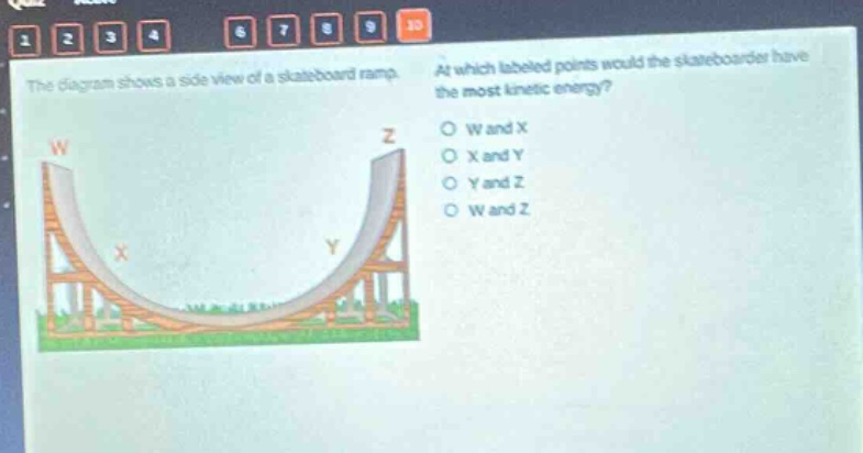 the diagram shows a side view of a skateboard ramp. at which labeled points would the skateboarder have the most kinetic energy? w and x x and y y and z w and z