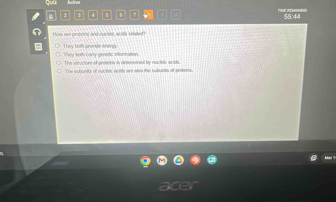 how are proteins and nucleic acids related? they both provide energy. they both carry genetic information. the structure of proteins is determined by nucleic acids. the subunits of nucleic acids are also the subunits of proteins.