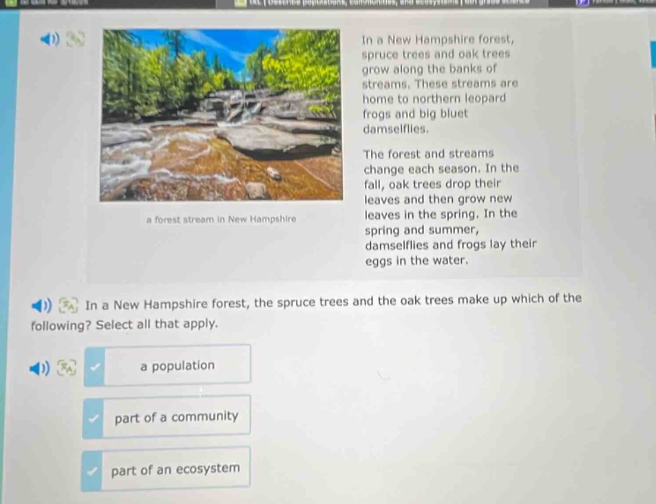 in a new hampshire forest, spruce trees and oak trees grow along the banks of streams. these streams are home to northern leopard frogs and big bluet damselflies. the forest and streams change each season. in the fall, oak trees drop their leaves and then grow new leaves in the spring. in the spring and summer, damselflies and frogs lay their eggs in the water. in a new hampshire forest, the spruce trees and the oak trees make up which of the following? select all that apply. a population part of a community part of an ecosystem