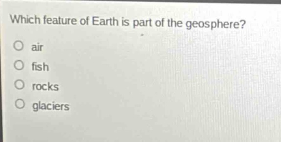 which feature of earth is part of the geosphere? air fish rocks glaciers