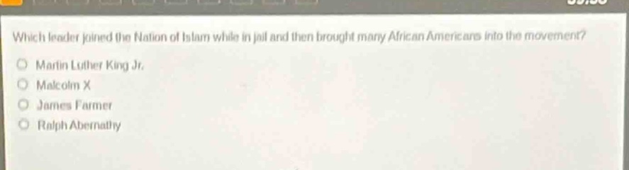 which leader joined the nation of islam while in jail and then brought many african americans into the movement?\nmartin luther king jr.\nmalcolm x\njames farmer\nralph abernathy