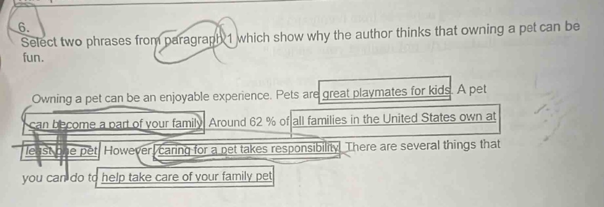 6. select two phrases from paragraph 1 which show why the author thinks that owning a pet can be fun. owning a pet can be an enjoyable experience. pets are great playmates for kids. a pet can become a part of your family. around 62 % of all families in the united states own at least one pet. however, caring for a pet takes responsibility. there are several things that you can do to help take care of your family pet