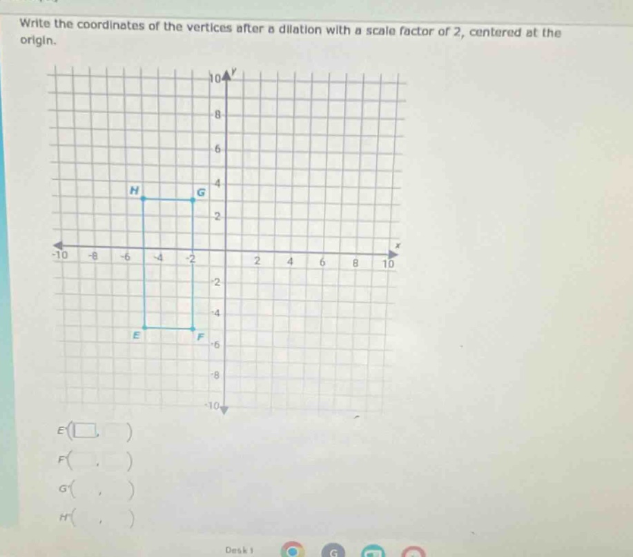write the coordinates of the vertices after a dilation with a scale factor of 2, centered at the origin.