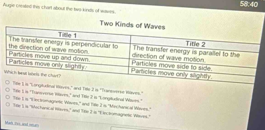 augie created this chart about the two kinds of waves. two kinds of waves title 1 the transfer energy is perpendicular to the direction of wave motion. particles move up and down. particles move only slightly. title 2 the transfer energy is parallel to the direction of wave motion. particles move side to side. particles move only slightly. which best labels the chart? title 1 is \longitudinal waves,\ and title 2 is \transverse waves.\ title 1 is \transverse waves,\ and title 2 is \longitudinal waves.\ title 1 is \electromagnetic waves,\ and title 2 is \mechanical waves.\ title 1 is \mechanical waves,\ and title 2 is \electromagnetic waves.\