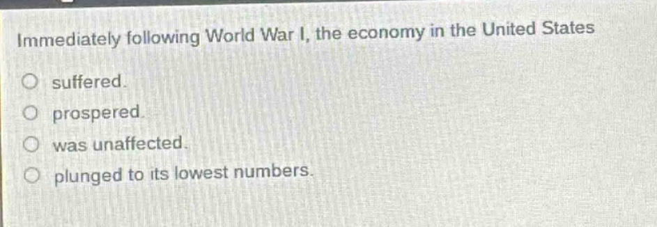 immediately following world war i, the economy in the united states suffered. prospered. was unaffected. plunged to its lowest numbers.