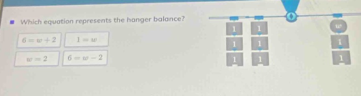 which equation represents the hanger balance? 6 = w + 2 1 = w w = 2 6 = w - 2